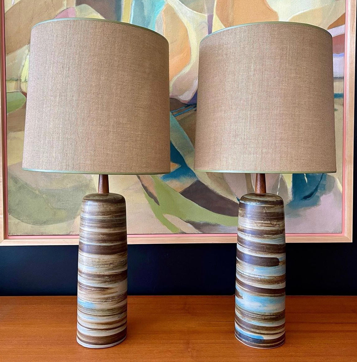 Vintage Gordon and Jane Martz Pottery Lamps hand painted with rich colours of blue cream and dark brown