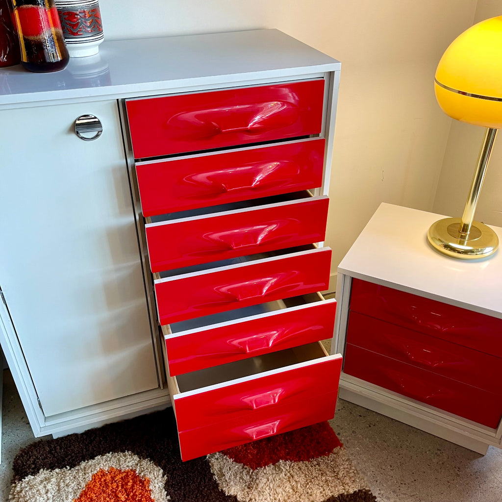 TRECO Space Age wardrobe with oprened drawers and nightstands vintage bedroom set
