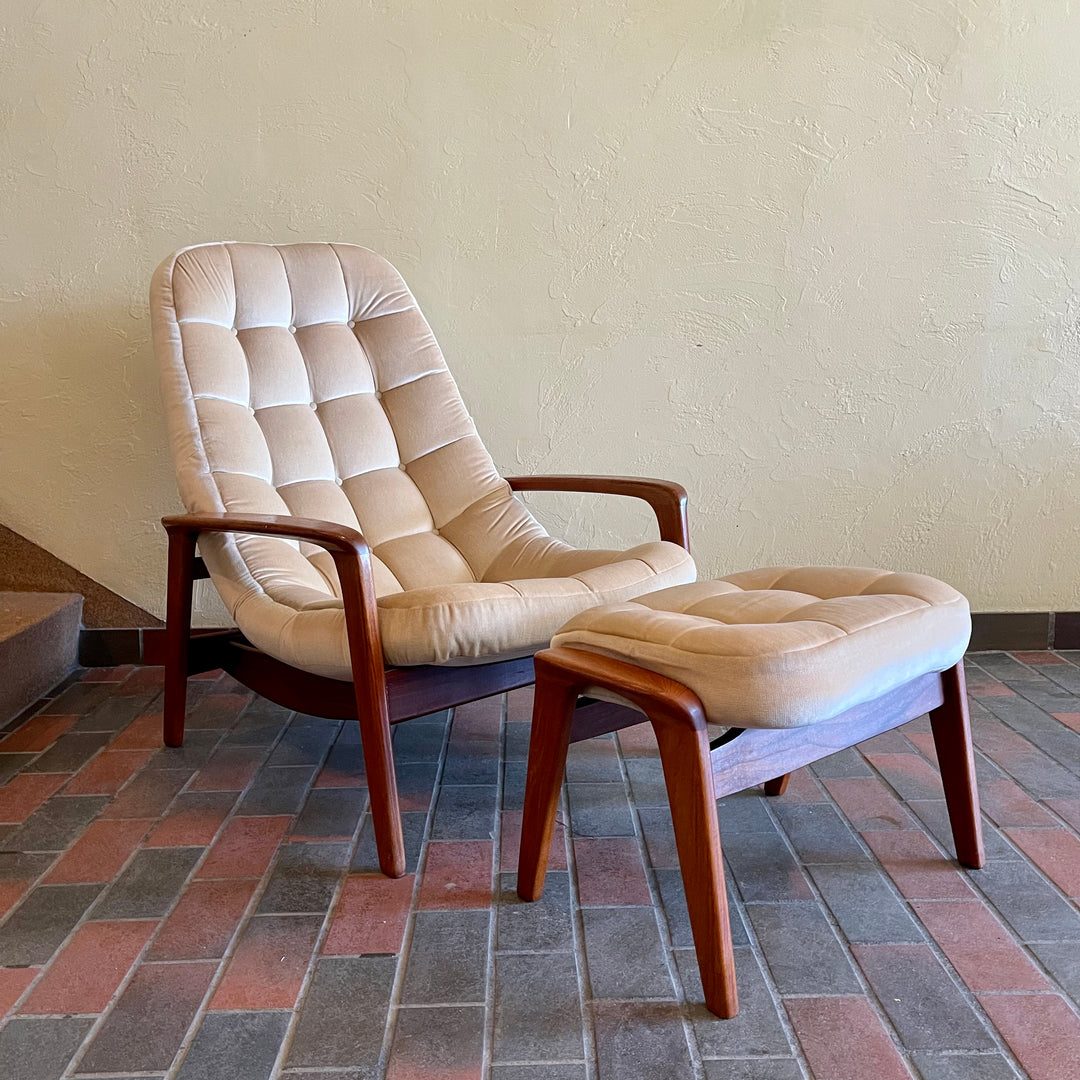 R Huber Teak Scoop Chair and Ottoman. The chair and fabric are in fantastic condition with very little wear. The fabric is a light beige velvet