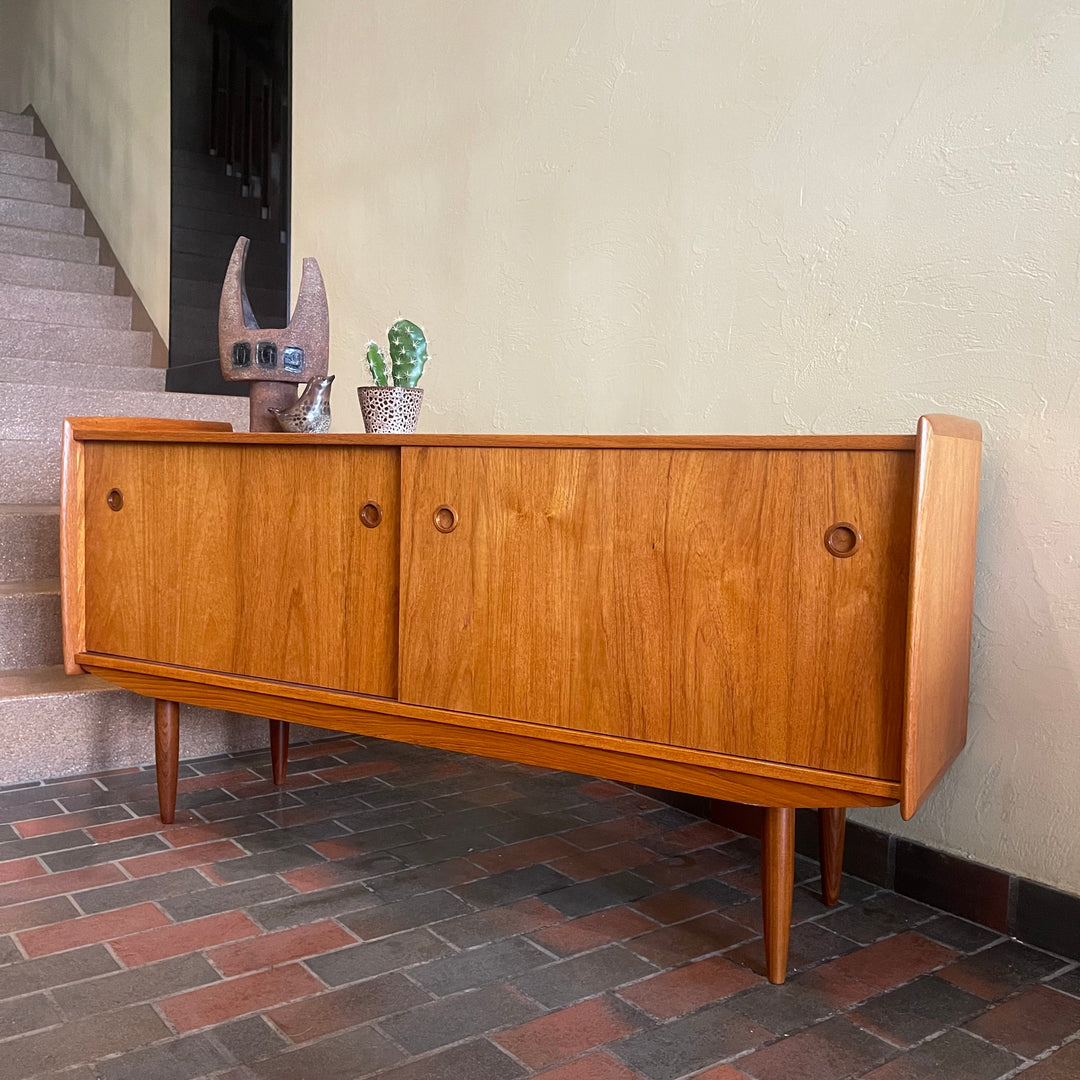 Mid century Modern R. Huber Teak Atomic Age Style Credenza with two sliding doors adjustable shelving and a drawer for storage | Record Storage | Mr. Mansfield Vintage 