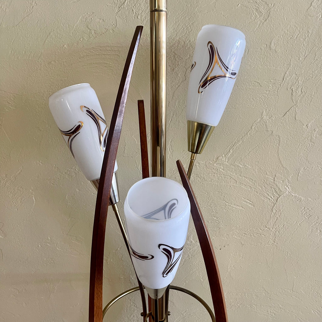 Mid Century Modern Walnut Tension Pole Lamp and Matching Table Top Lamp With Glass Shades | Mr. Mansfield Vintage