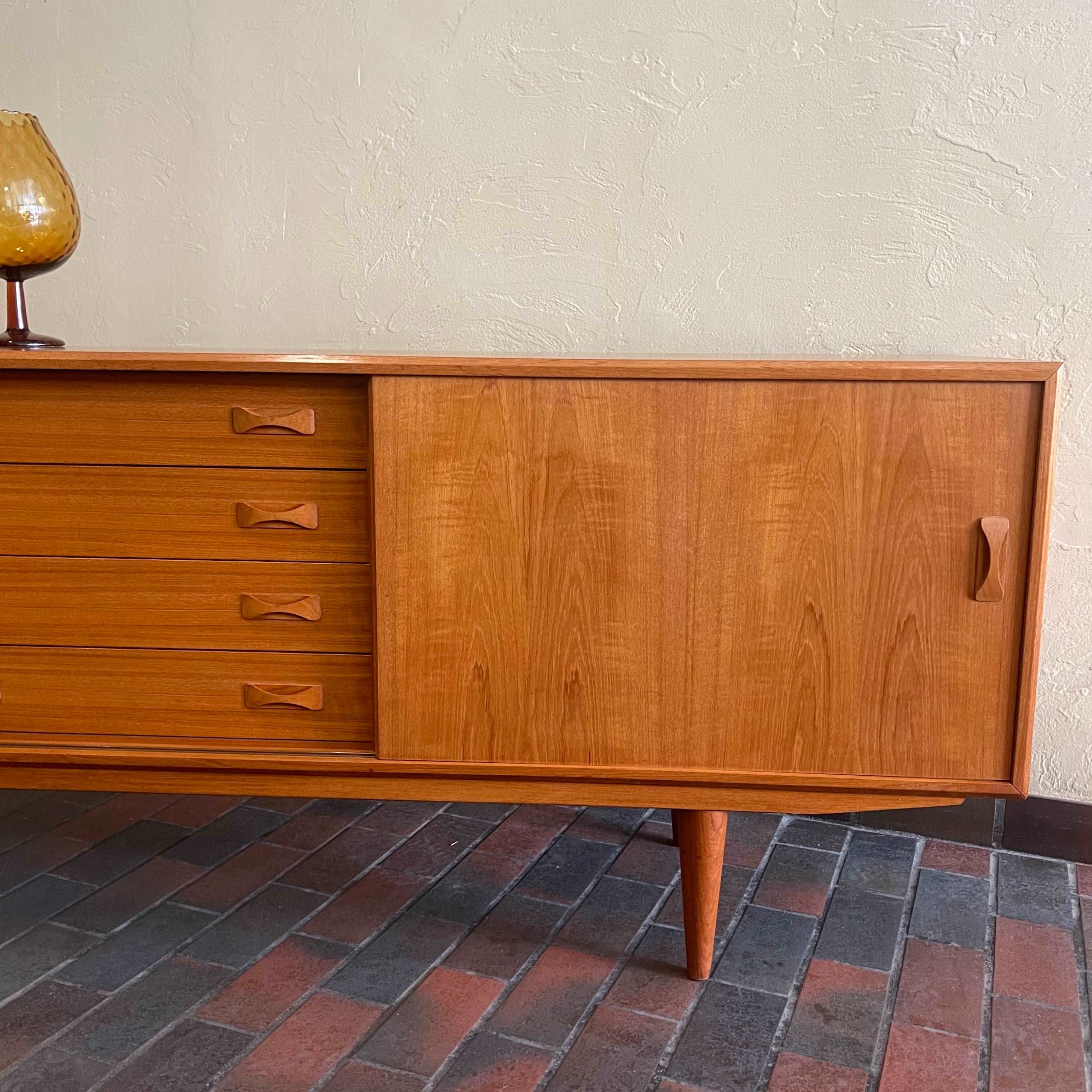 Danish Teak Credenza | Sideboard by Clausen and Son Solid Teak Legs Bow-Tie Handles Rich Honey Colour