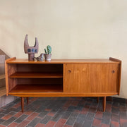 Mid century Modern R. Huber Teak Atomic Age Style Credenza with two sliding doors adjustable shelving and a drawer for storage | Record Storage | Mr. Mansfield Vintage 
