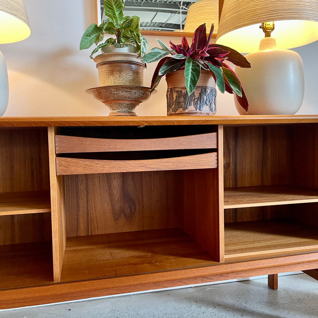 Danish teak tambour door credenza with open storage compartments