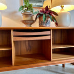 Danish teak tambour door credenza with open storage compartments