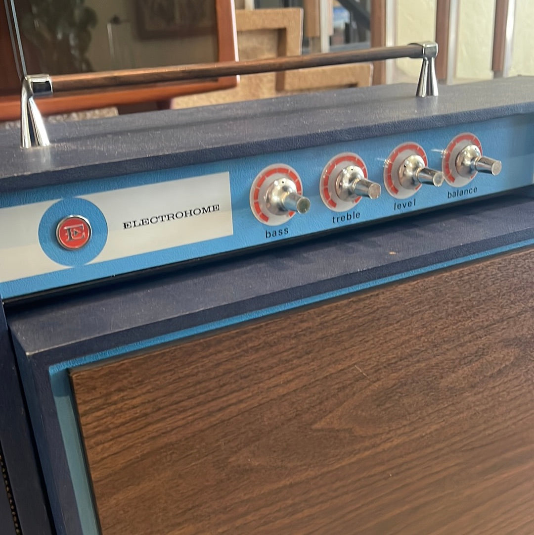 Close-up of controls on vintage Electrohome portable stereo