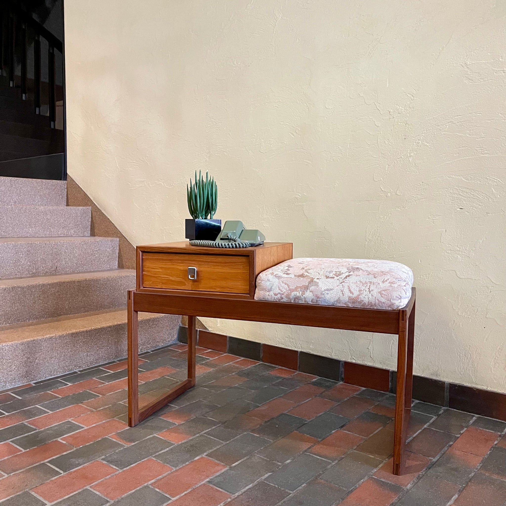 RS Associates teak telephone entranceway bench with upholstered seat