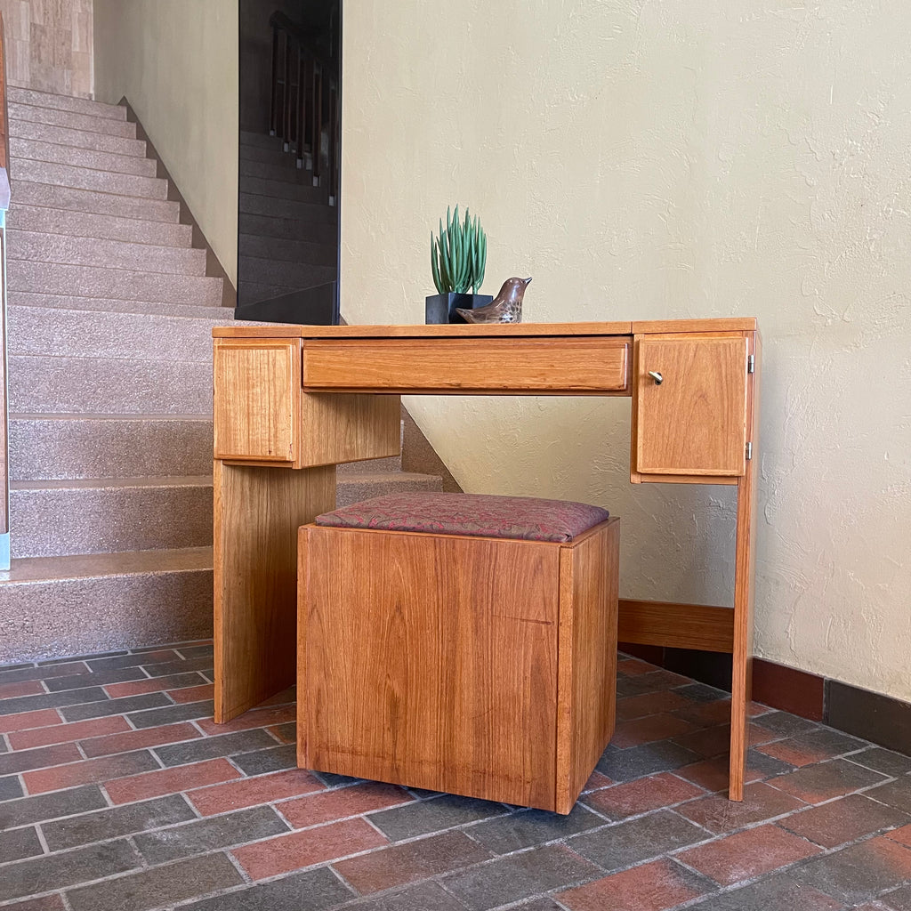 Vintage Teak Vanity Dressing Table and Stool Flip Up Mirror Storage  Compartment and Drawers  | Mr. Mansfield Vintage