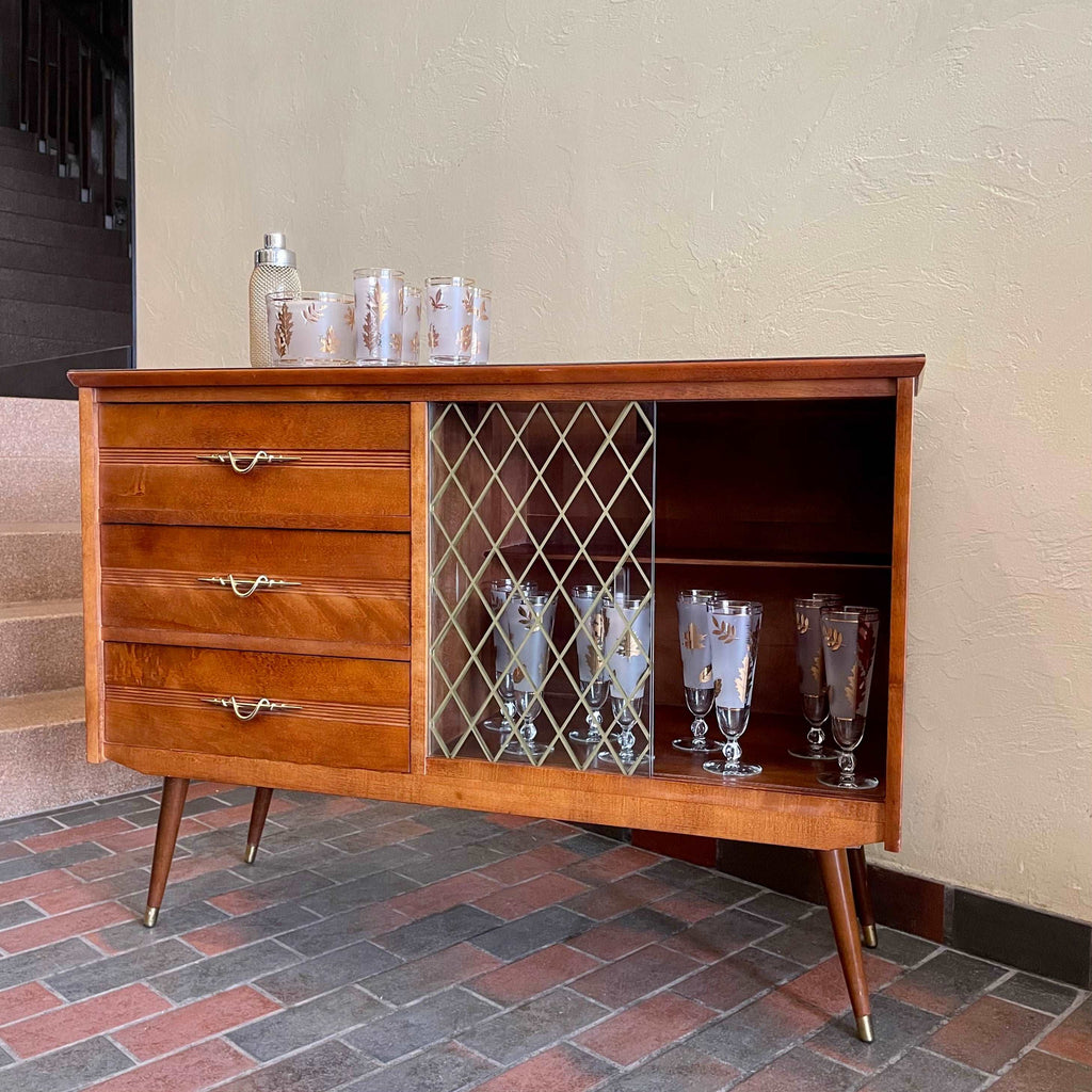  1950s Drinks Cabinet | Sideboard with Golden Harlequin Pattern Doors Three Drawers for Storage | Mr. Mansfield Vintage 