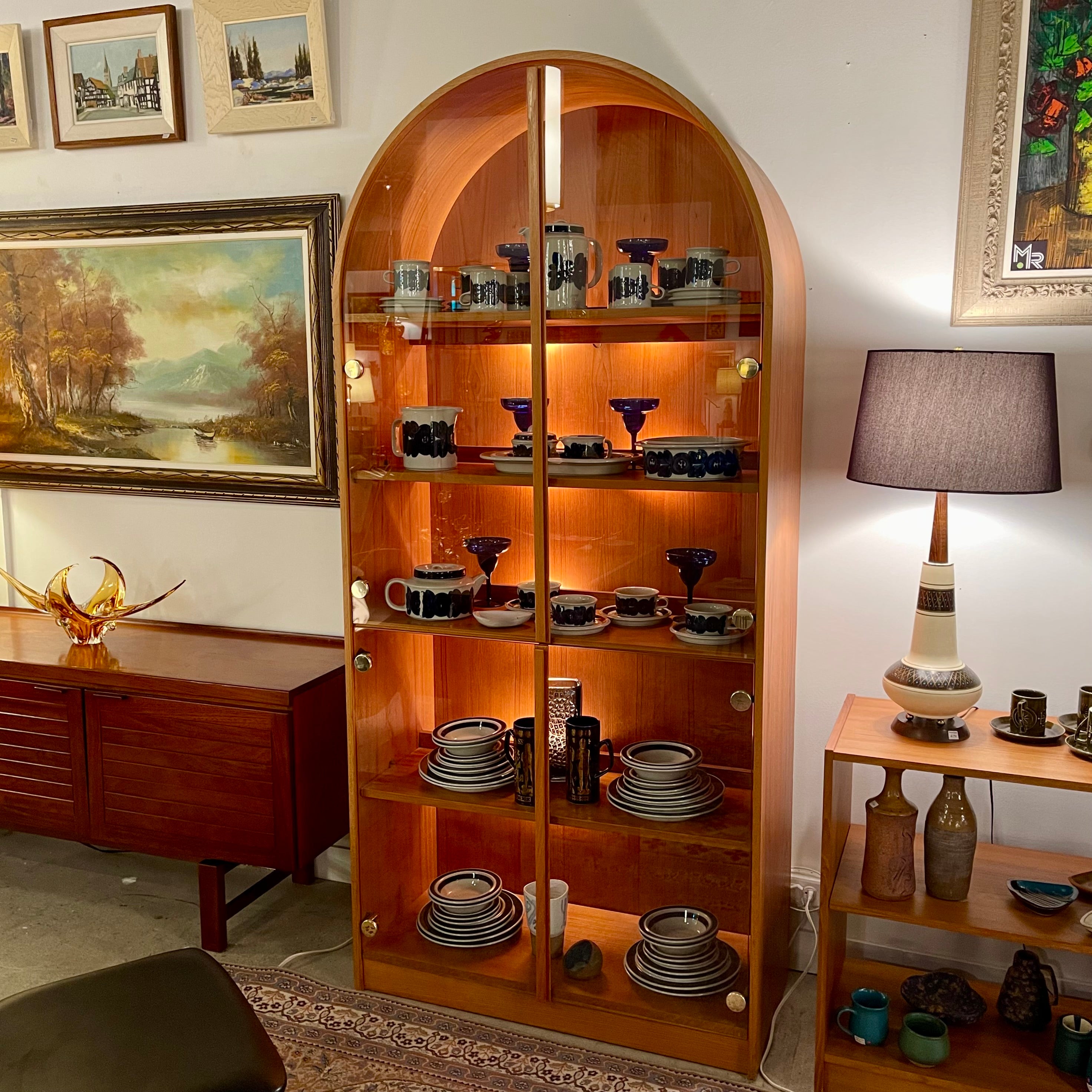 Teak Cathedral Arched Illuminated Cabinet