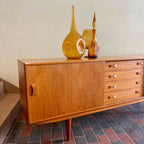 Danish Teak Credenza | Sideboard by Clausen and Son Solid Teak Legs Bow-Tie Handles Rich Honey Colour