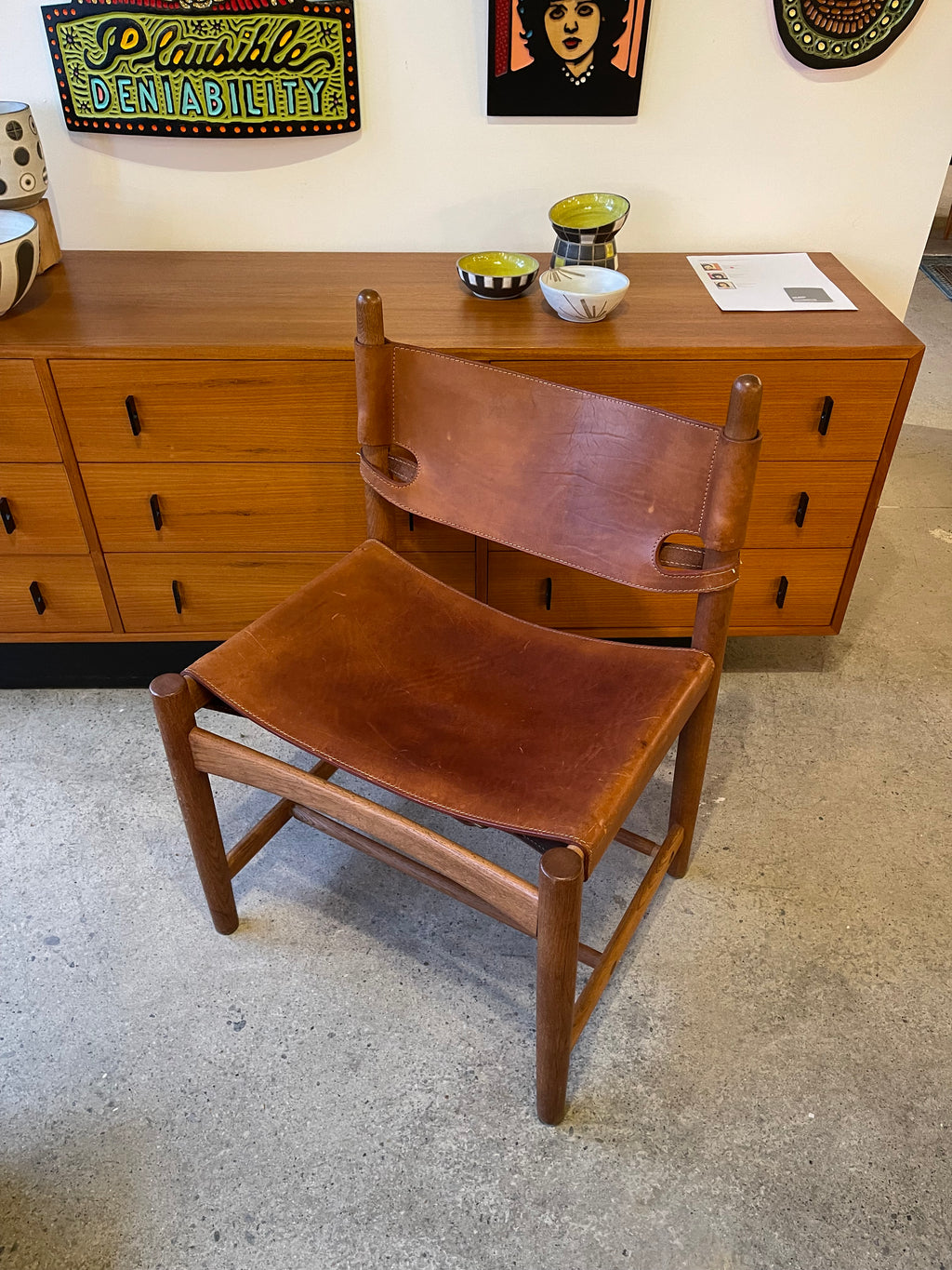 Top view of Borge Mogensen Spanish chair with leather seat and solid wood frame