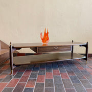 Canada Cabinets and Furniture Limited Walnut and Mahogany Coffee Table. Check out the legs!  The legs are capped with brass tops. There is a two sided storage drawer that can be opened from either side | Mr. Mansfield Vintage 