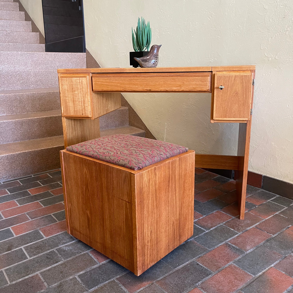 Vintage Teak Vanity Dressing Table and Stool Flip Up Mirror Storage  Compartment and Drawers  | Mr. Mansfield Vintage
