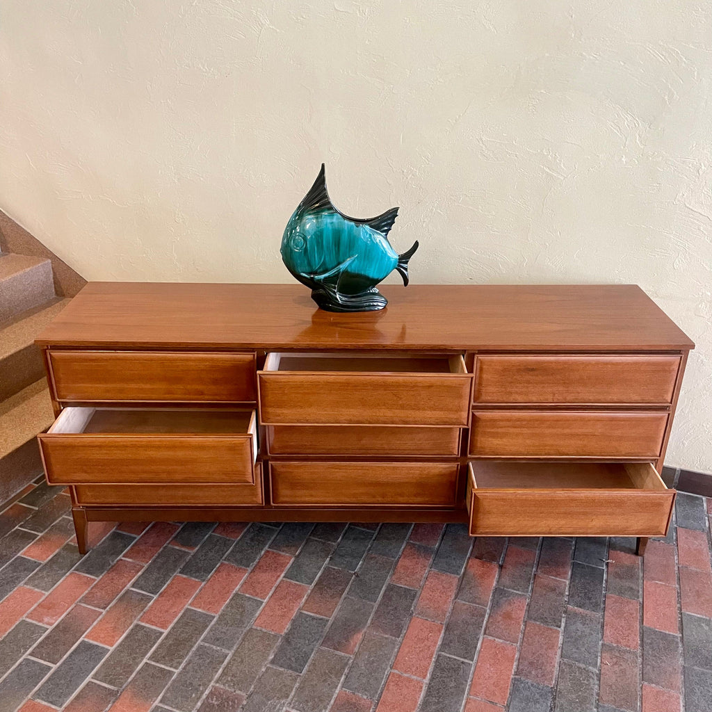 Mid-century walnut dresser with nine drawers by HPL Furniture showing drawers opened