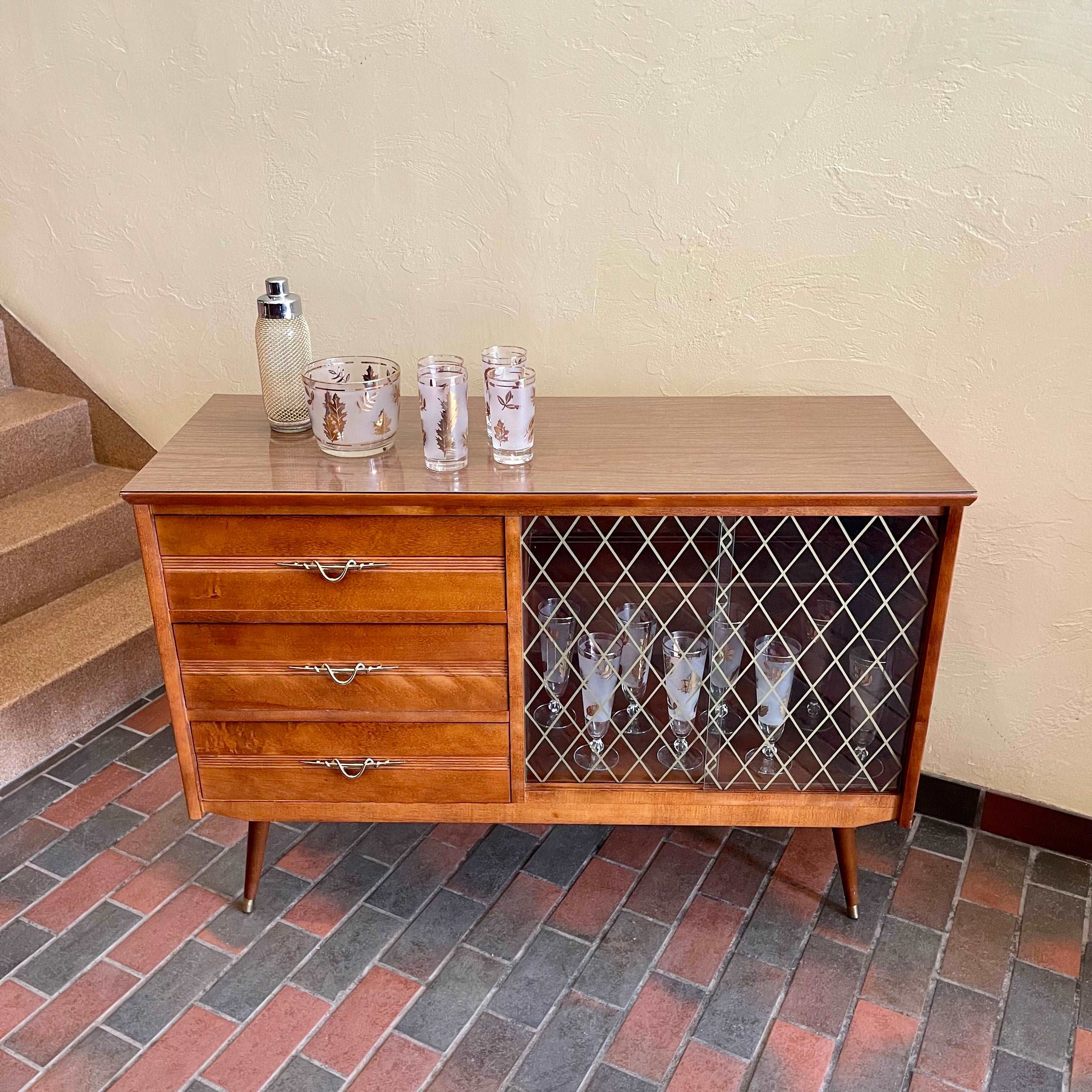  1950s Drinks Cabinet | Sideboard with Golden Harlequin Pattern Doors Three Drawers for Storage | Mr. Mansfield Vintage 