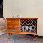 Load image into Gallery viewer, 1950s Drinks Cabinet Sideboard with Golden Harlequin Pattern Doors Three Drawers for Storage
