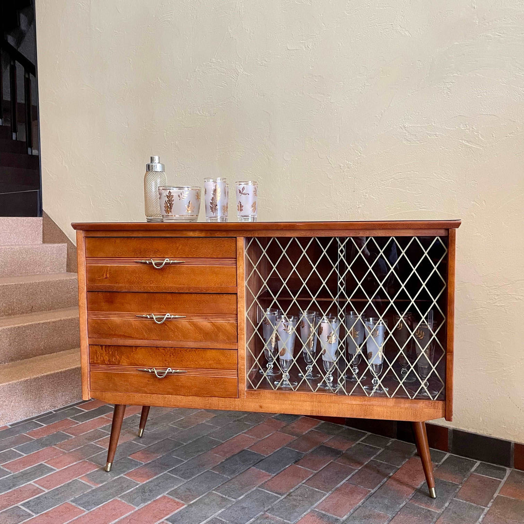 1950s Drinks Cabinet Sideboard with Golden Harlequin Pattern Doors Three Drawers for Storage