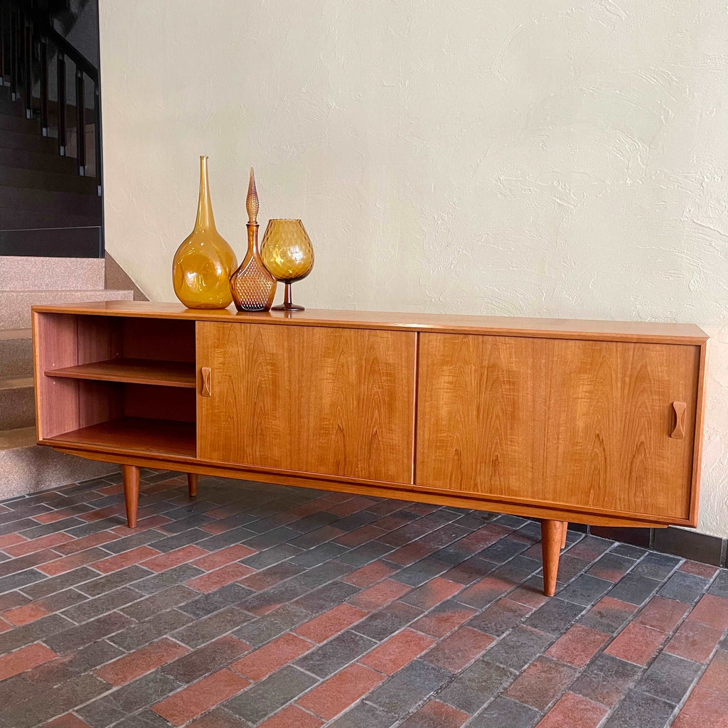 Danish Teak Credenza | Sideboard by Clausen and Son Solid Teak Legs Bow-Tie Handles Rich Honey Colour