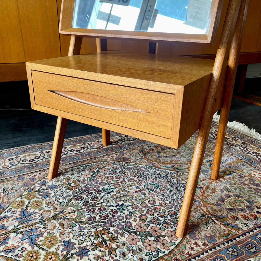 Teak drawer detail on vintage Danish dressing mirror