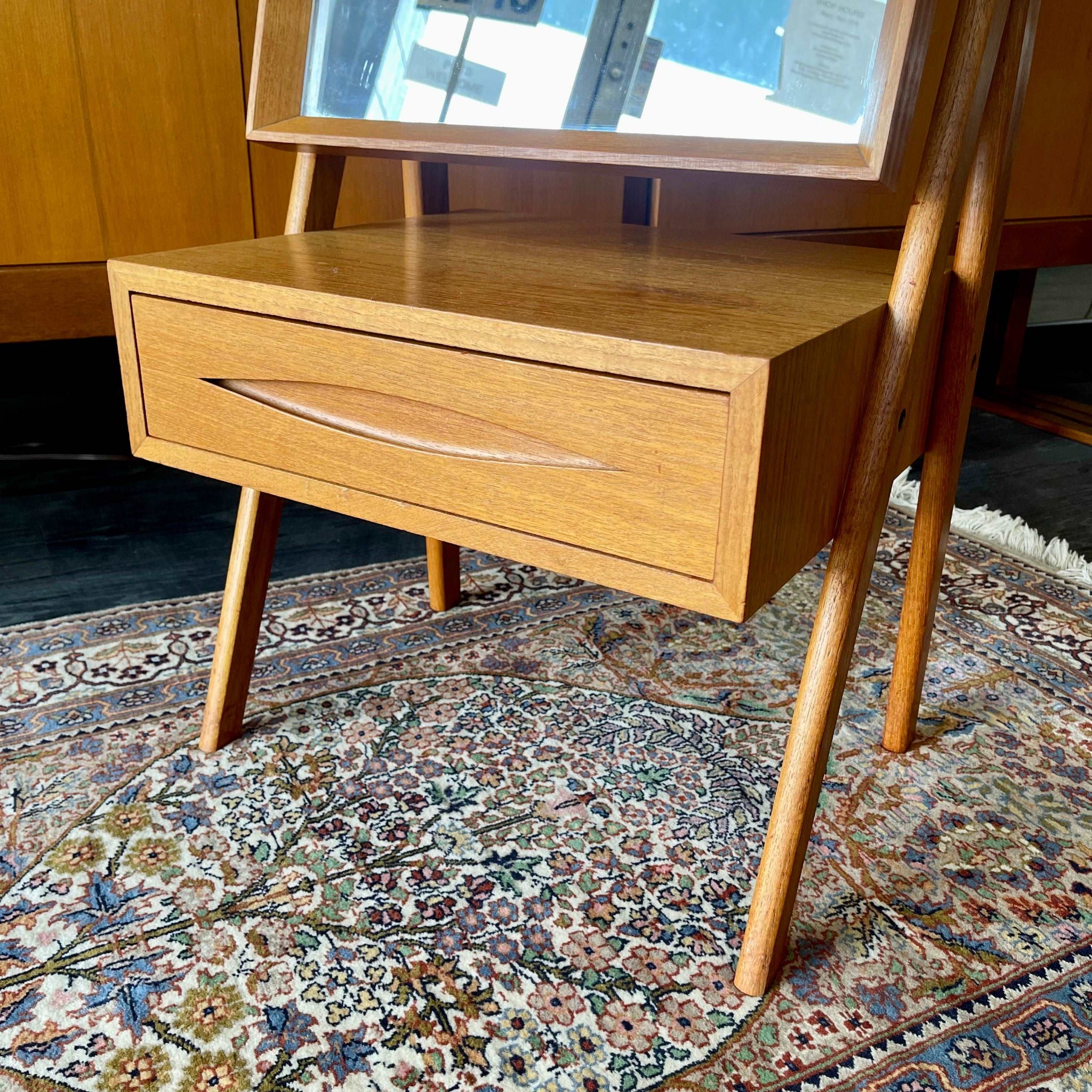 Teak drawer detail on vintage Danish dressing mirror