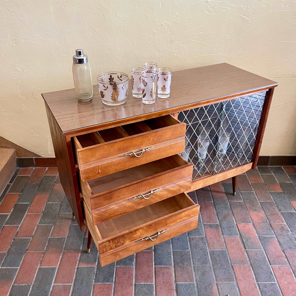  1950s Drinks Cabinet | Sideboard with Golden Harlequin Pattern Doors Three Drawers for Storage | Mr. Mansfield Vintage 
