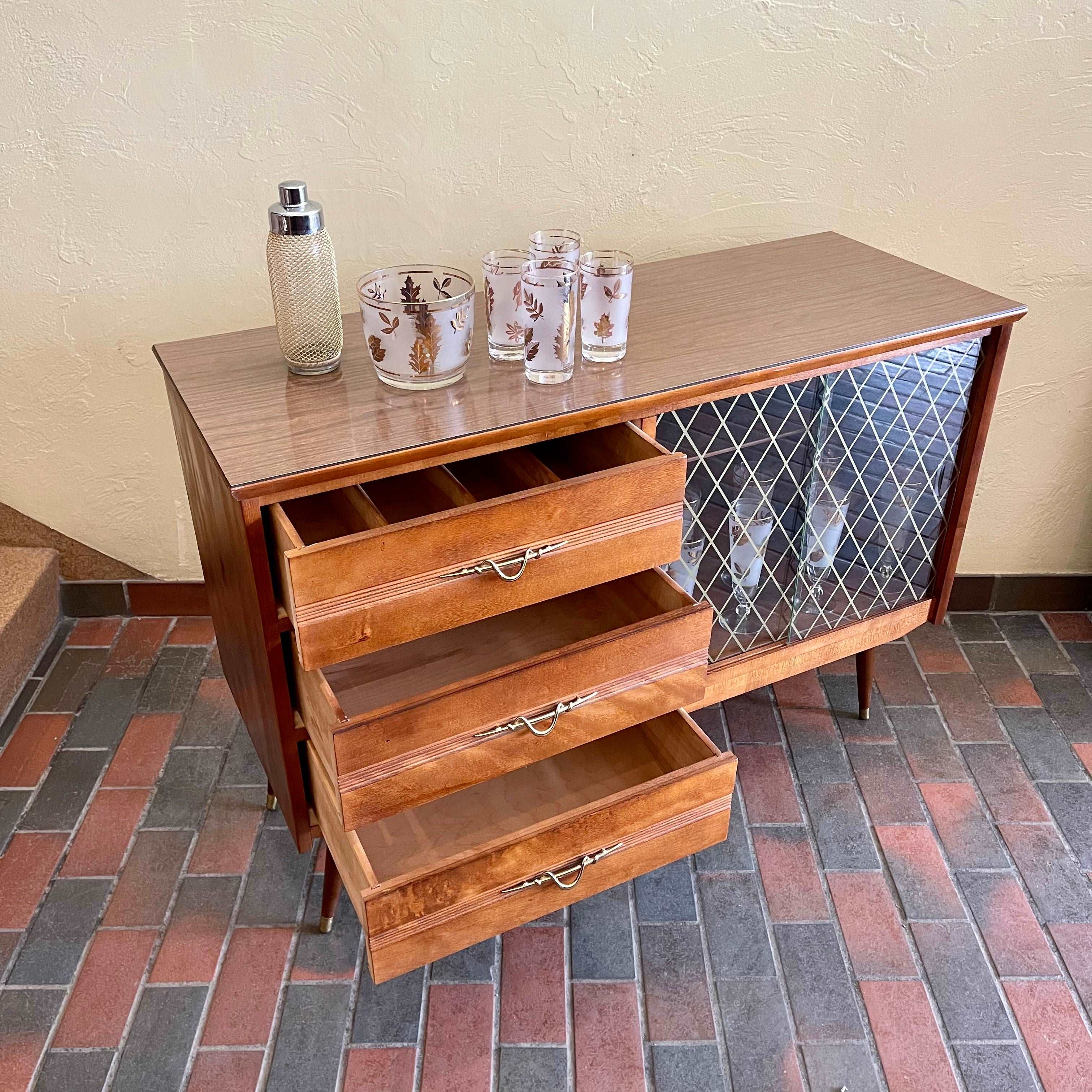  1950s Drinks Cabinet | Sideboard with Golden Harlequin Pattern Doors Three Drawers for Storage | Mr. Mansfield Vintage 