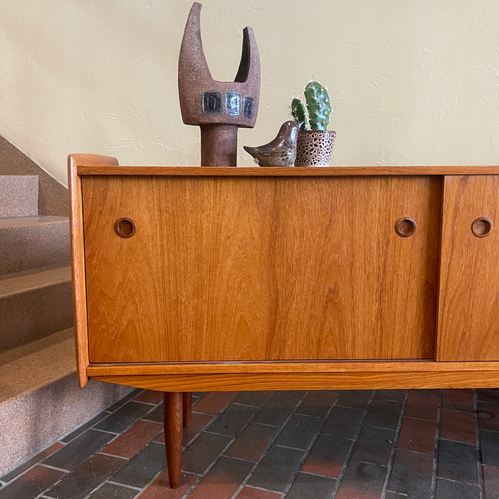 Mid century Modern R. Huber Teak Atomic Age Style Credenza with two sliding doors adjustable shelving and a drawer for storage | Record Storage | Mr. Mansfield Vintage 