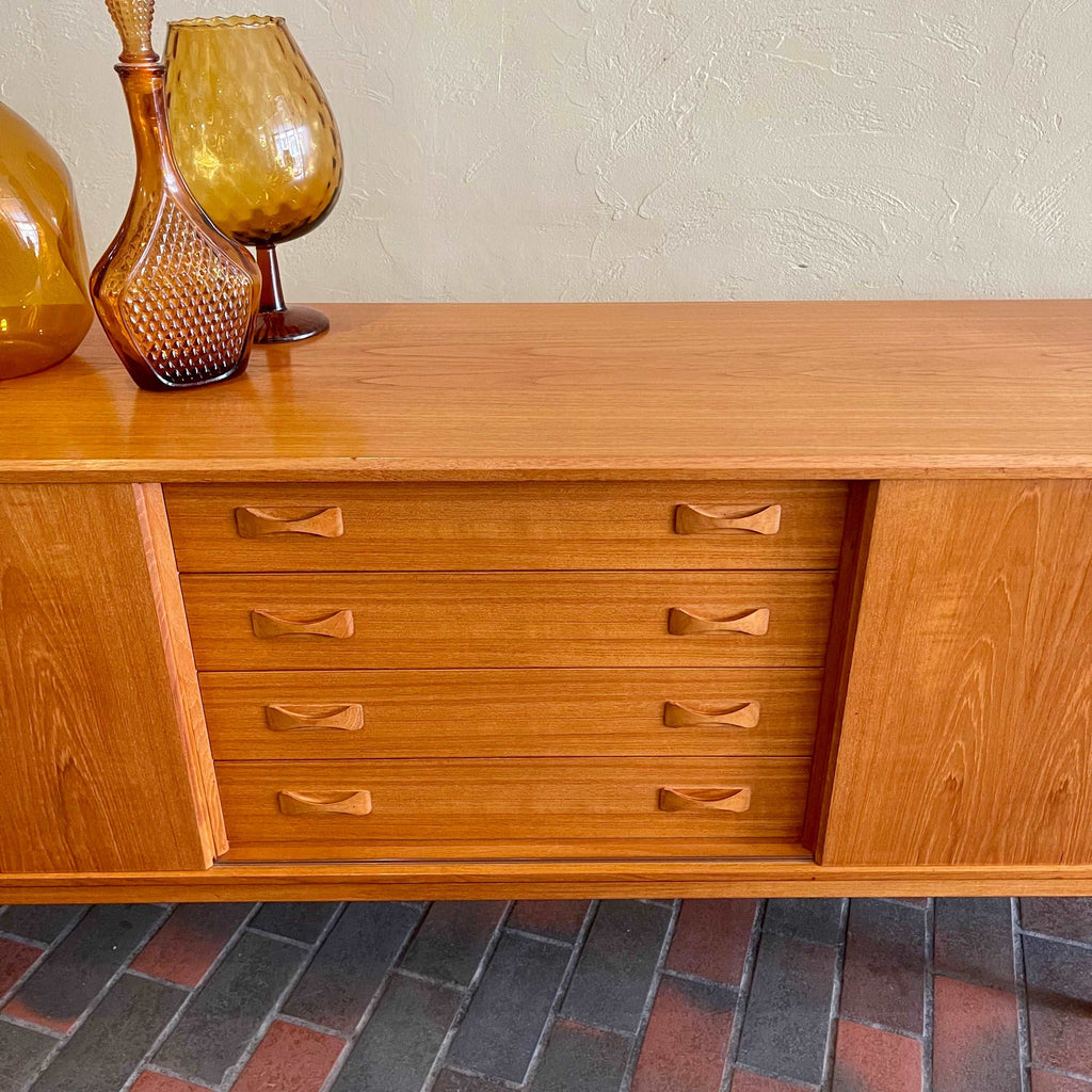 Danish Teak Credenza | Sideboard by Clausen and Son Solid Teak Legs Bow-Tie Handles Rich Honey Colour