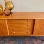 Danish Teak Credenza | Sideboard by Clausen and Son Solid Teak Legs Bow-Tie Handles Rich Honey Colour