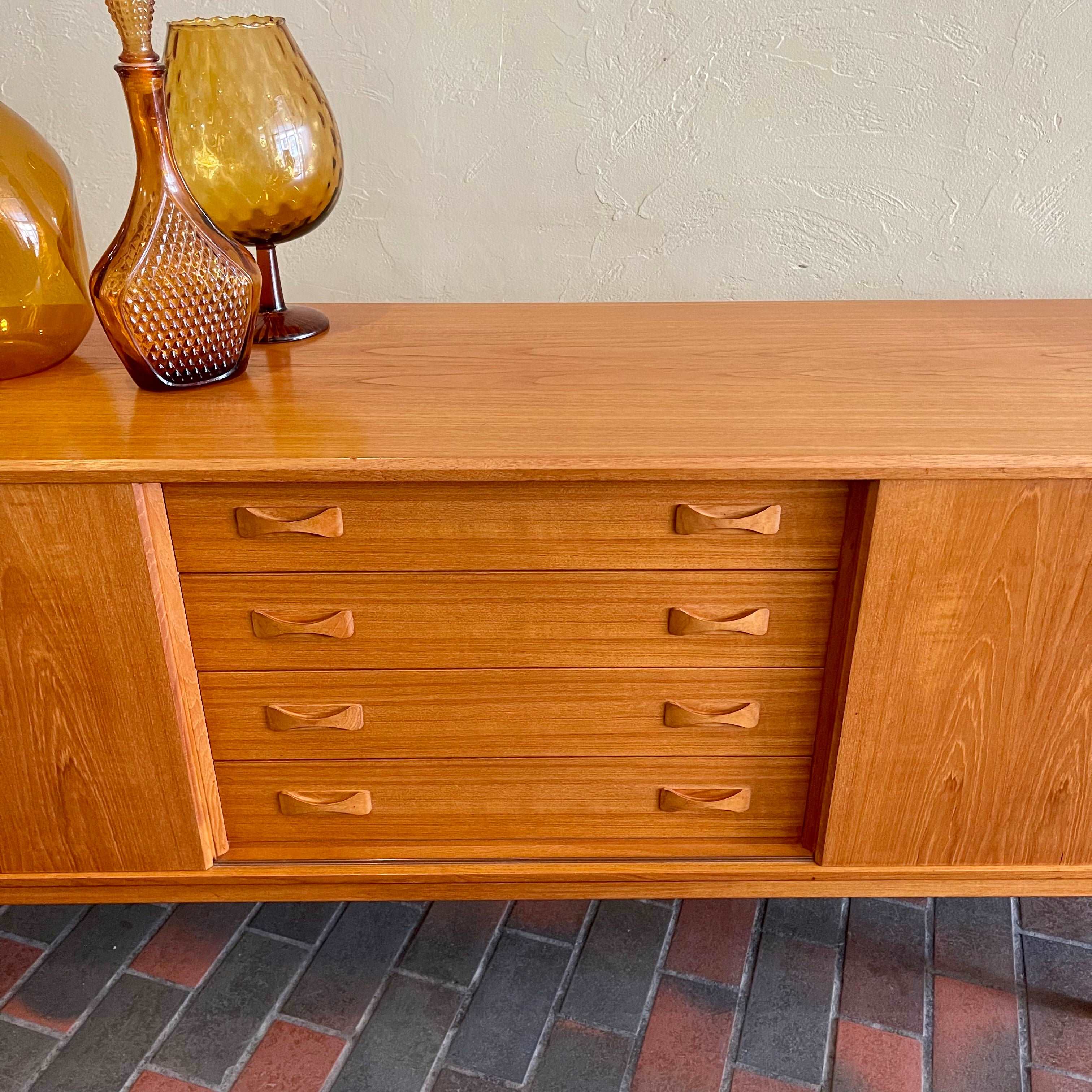 Danish Teak Credenza | Sideboard by Clausen and Son Solid Teak Legs Bow-Tie Handles Rich Honey Colour