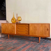 Danish Teak Credenza | Sideboard by Clausen and Son Solid Teak Legs Bow-Tie Handles Rich Honey Colour