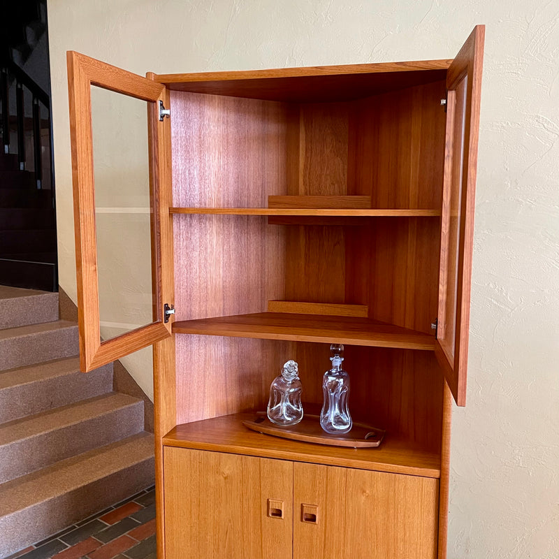 Vintage Lighted Teak Corner Display Cabinet with Adjustable Lower Shelves | Mr. Mansfield Vintage 