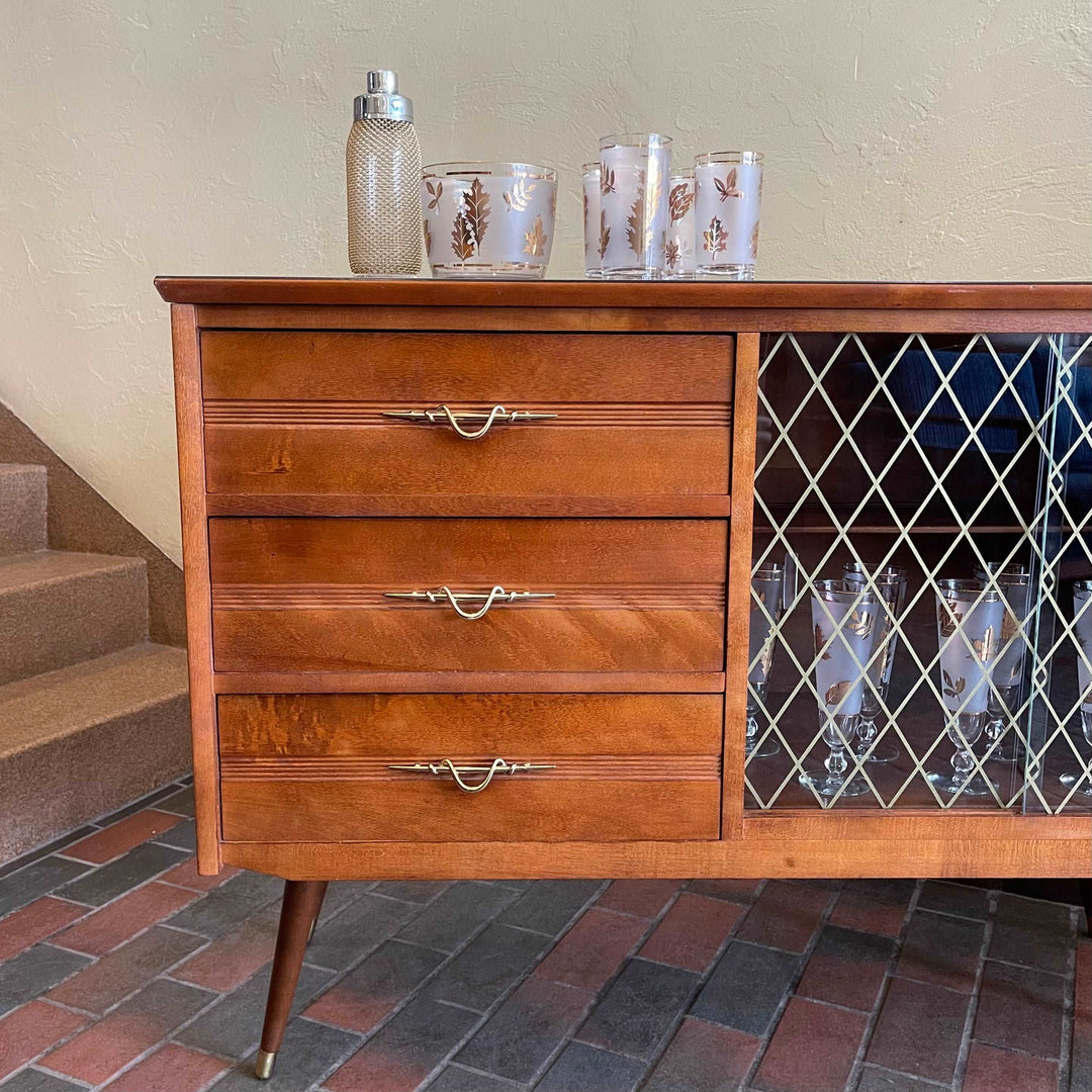  1950s Drinks Cabinet | Sideboard with Golden Harlequin Pattern Doors Three Drawers for Storage | Mr. Mansfield Vintage 