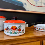 Close-up of Merry Mushrooms graphics on enamel cookware
