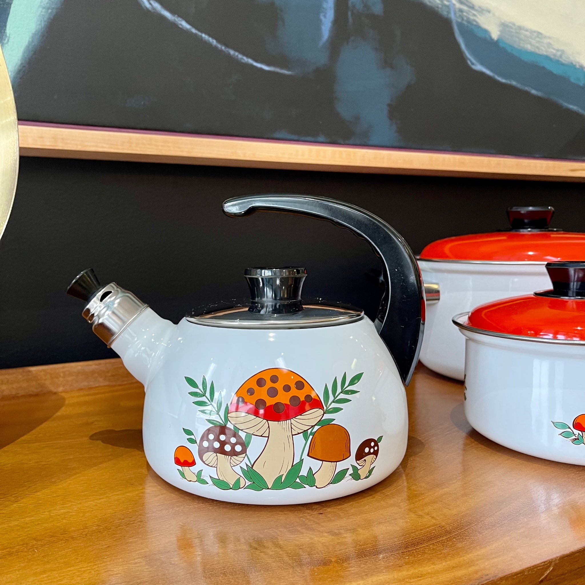 Merry Mushrooms teapot kettle with enamel mushroom pattern