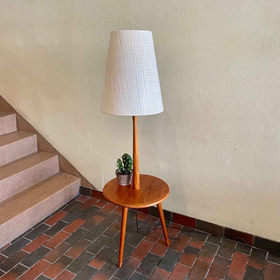 Mid Century Solid Teak Table Lamp with Tripod Base and Vintage Shade | Mr. Mansfield Vintage 