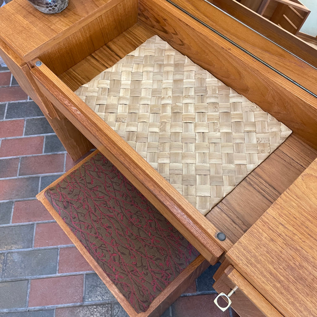 Vintage Teak Vanity Dressing Table and Stool Flip Up Mirror Storage  Compartment and Drawers  | Mr. Mansfield Vintage