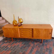 Danish Teak Credenza | Sideboard by Clausen and Son Solid Teak Legs Bow-Tie Handles Rich Honey Colour
