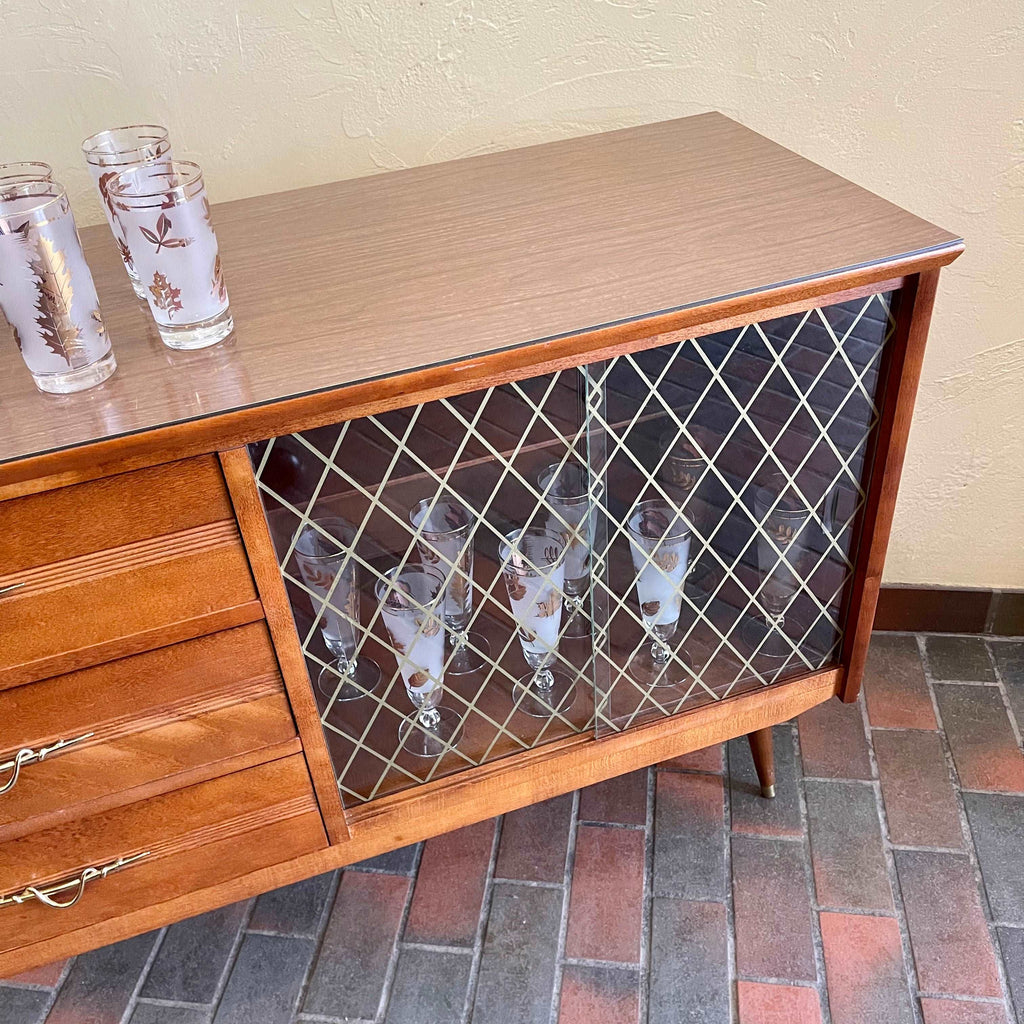  1950s Drinks Cabinet | Sideboard with Golden Harlequin Pattern Doors Three Drawers for Storage | Mr. Mansfield Vintage 