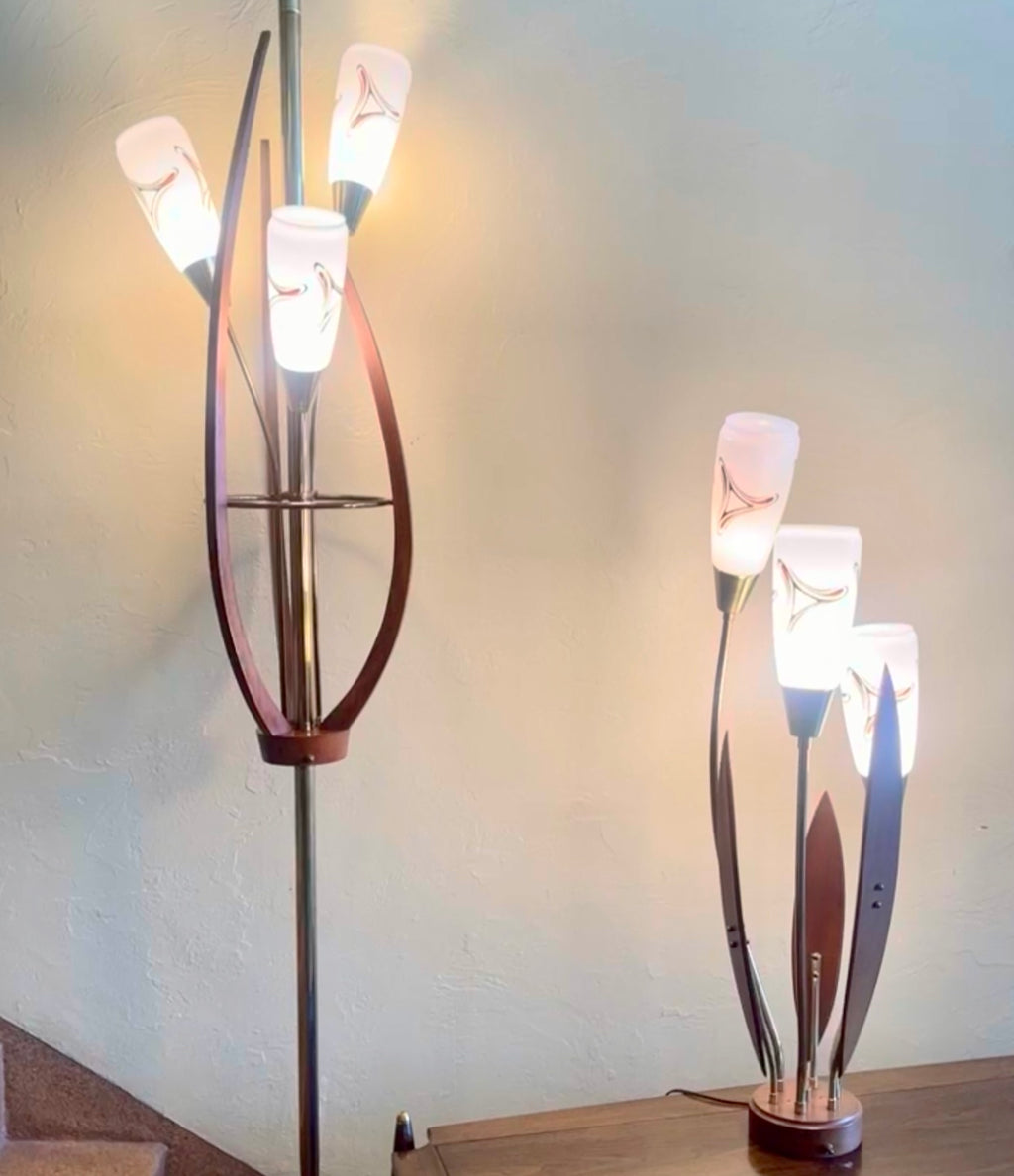 Mid Century Modern Walnut Tension Pole Lamp and Matching Table Top Lamp With Glass Shades | Mr. Mansfield Vintage
