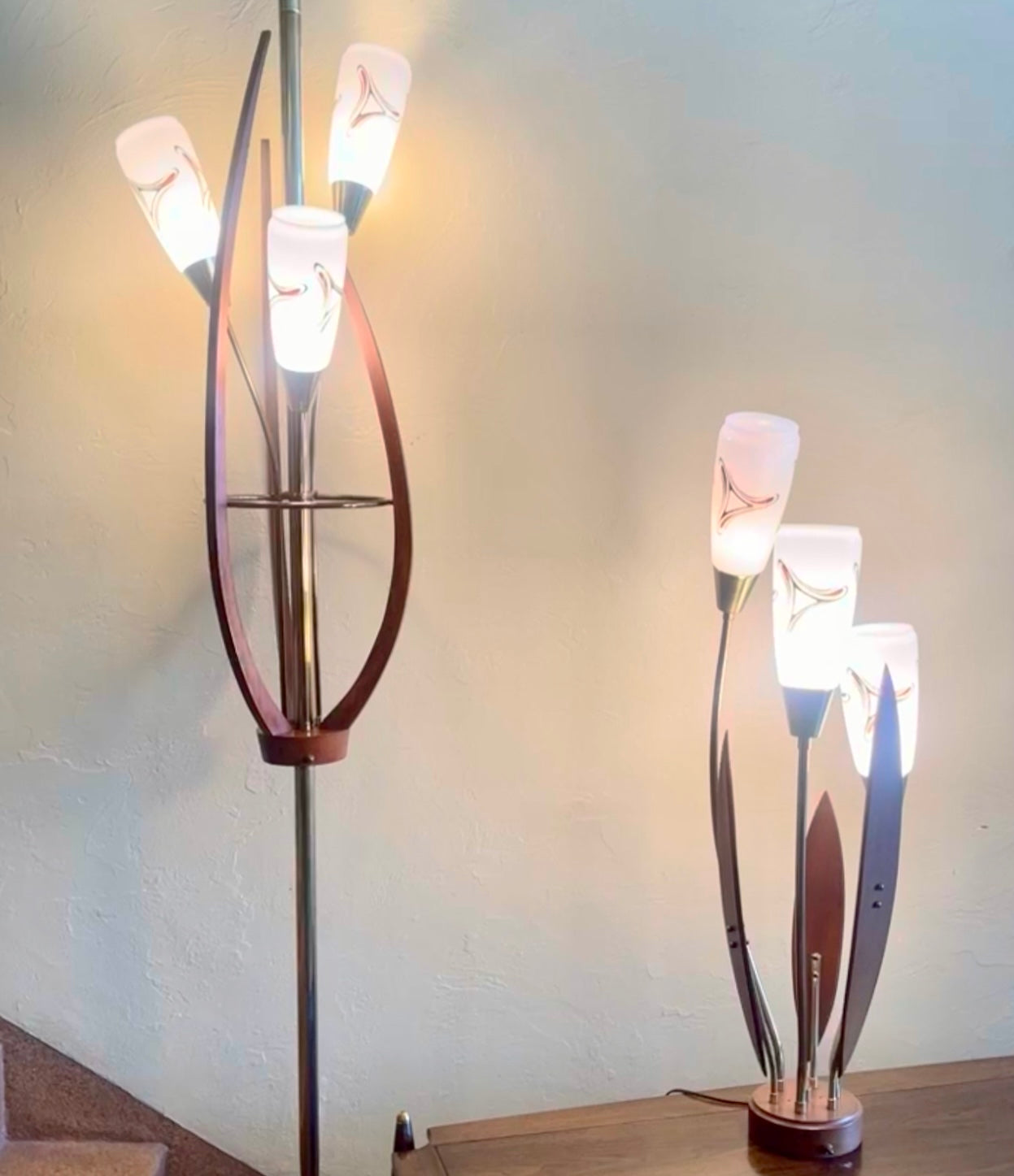 Mid Century Modern Walnut Tension Pole Lamp and Matching Table Top Lamp With Glass Shades | Mr. Mansfield Vintage
