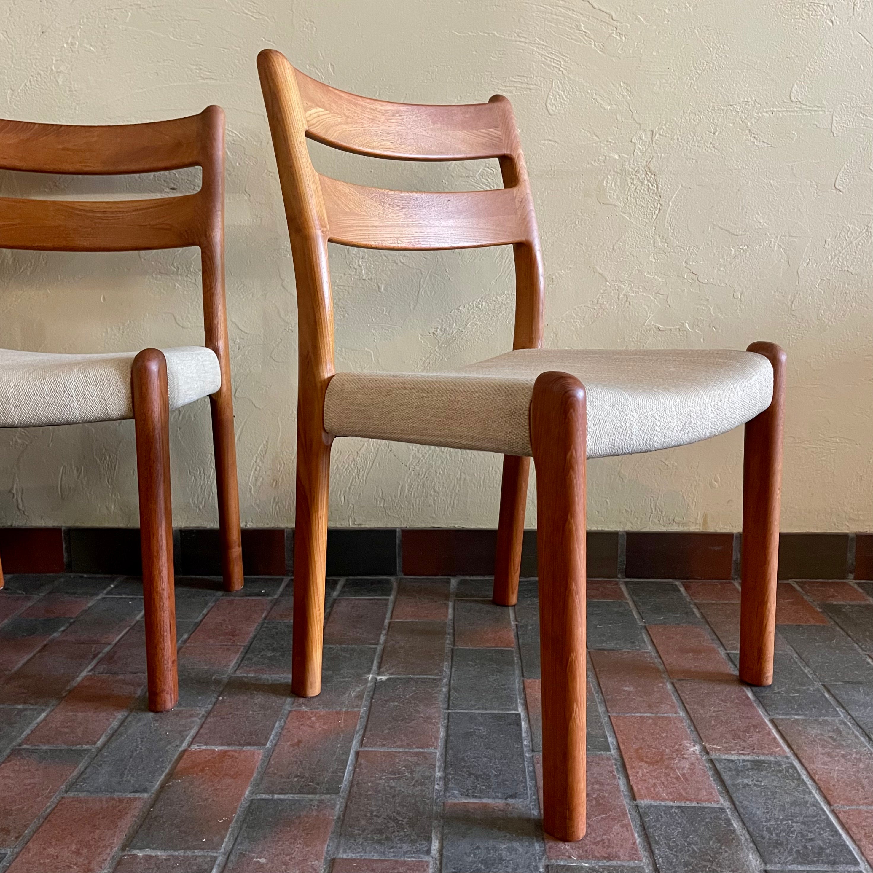 This set of six Danish Modern Solid Teak Dining Chairs from EMC Møbler showcase a sturdy craftsmanship and timeless design. Crafted from solid teak, these chairs feature a sleek and ergonomic silhouette, embodying the minimalist elegance characteristic of mid-century Danish furniture. 