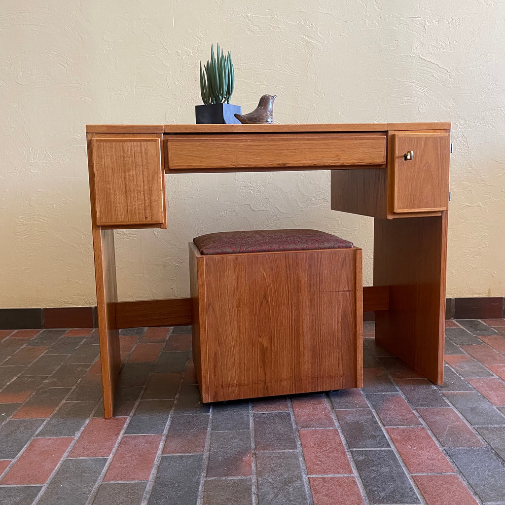 Vintage Teak Vanity Dressing Table and Stool Flip Up Mirror Storage  Compartment and Drawers  | Mr. Mansfield Vintage