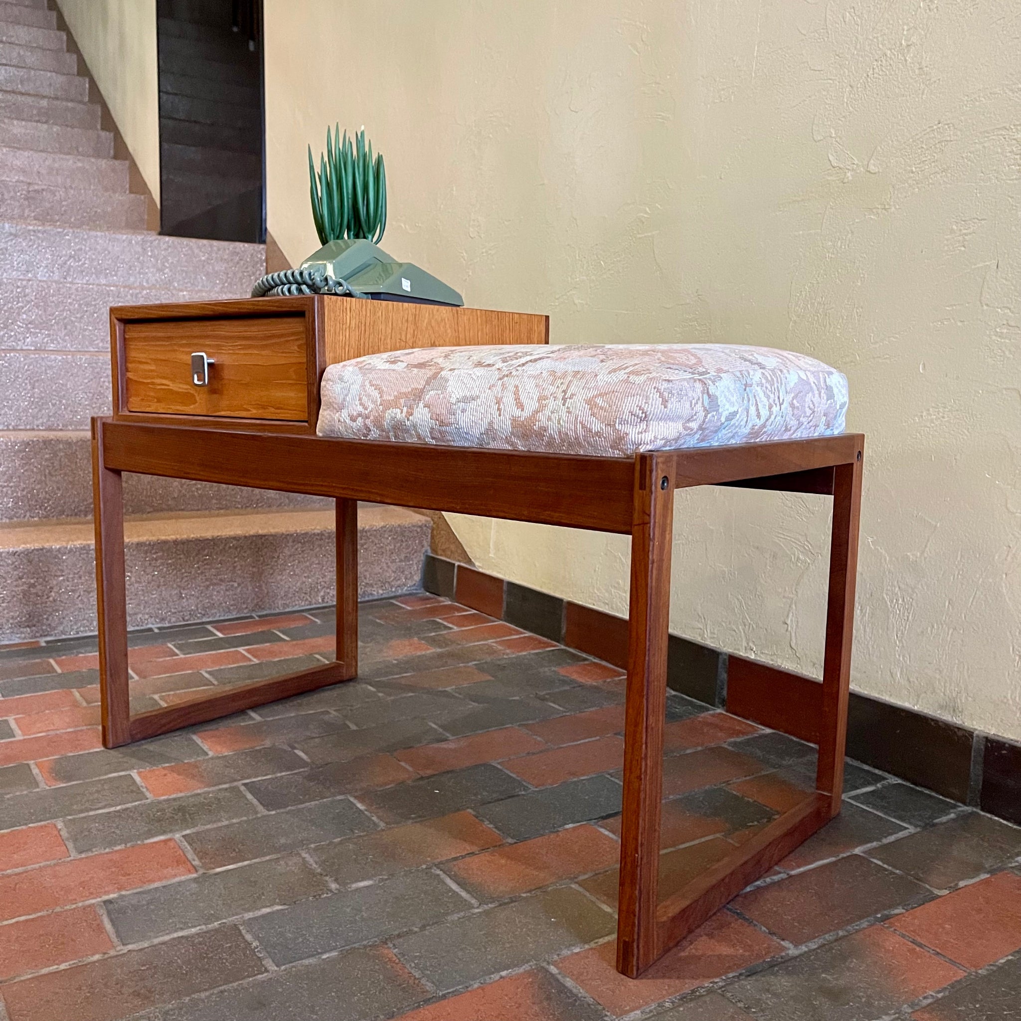 Mid-century RS Associates teak bench with upholstered seat and drawer 
