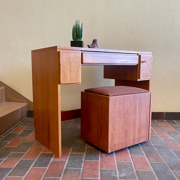 Vintage Teak Vanity Dressing Table and Stool Flip Up Mirror Storage  Compartment and Drawers  | Mr. Mansfield Vintage