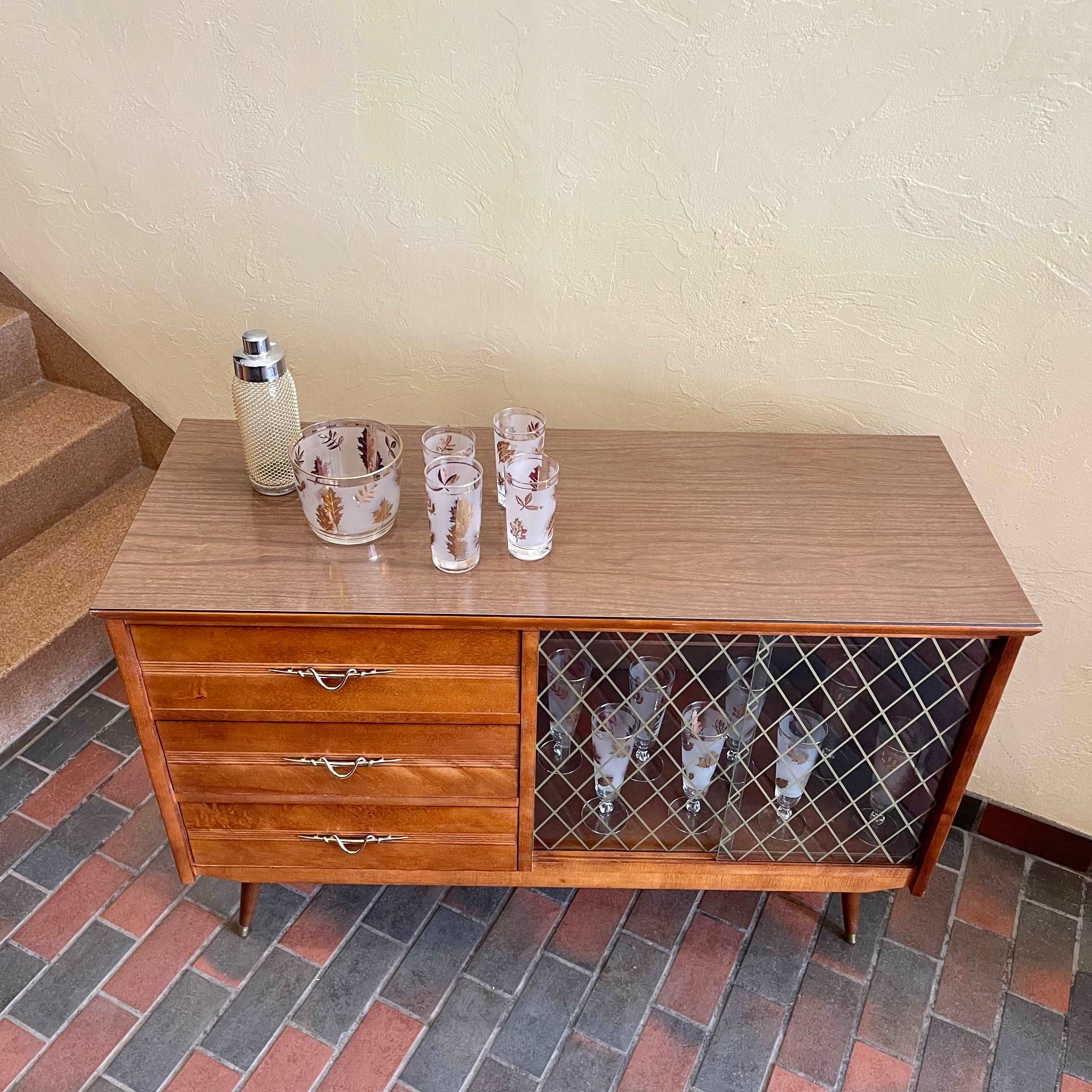  1950s Drinks Cabinet | Sideboard with Golden Harlequin Pattern Doors Three Drawers for Storage | Mr. Mansfield Vintage 