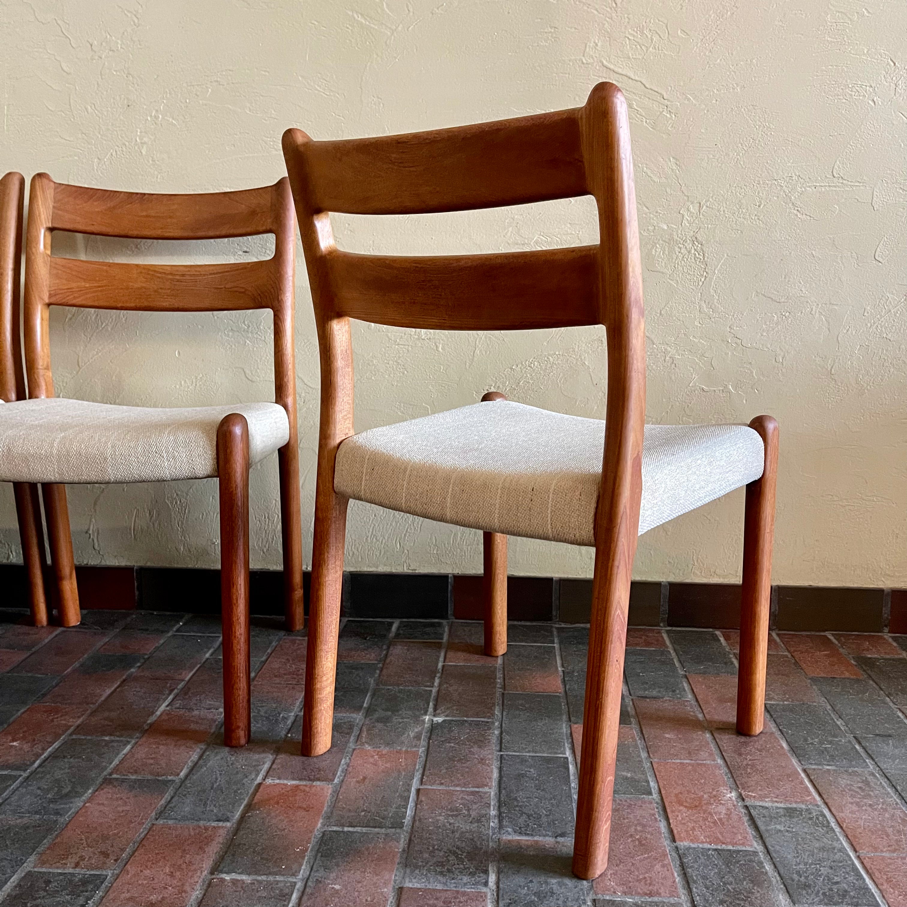 This set of six Danish Modern Solid Teak Dining Chairs from EMC Møbler showcase a sturdy craftsmanship and timeless design. Crafted from solid teak, these chairs feature a sleek and ergonomic silhouette, embodying the minimalist elegance characteristic of mid-century Danish furniture. 