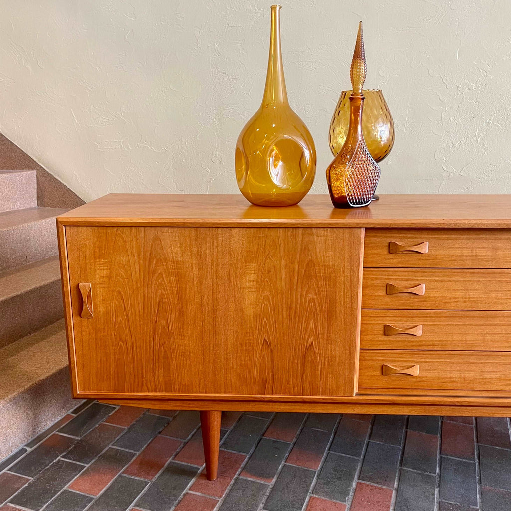 Danish Teak Credenza | Sideboard by Clausen and Son Solid Teak Legs Bow-Tie Handles Rich Honey Colour