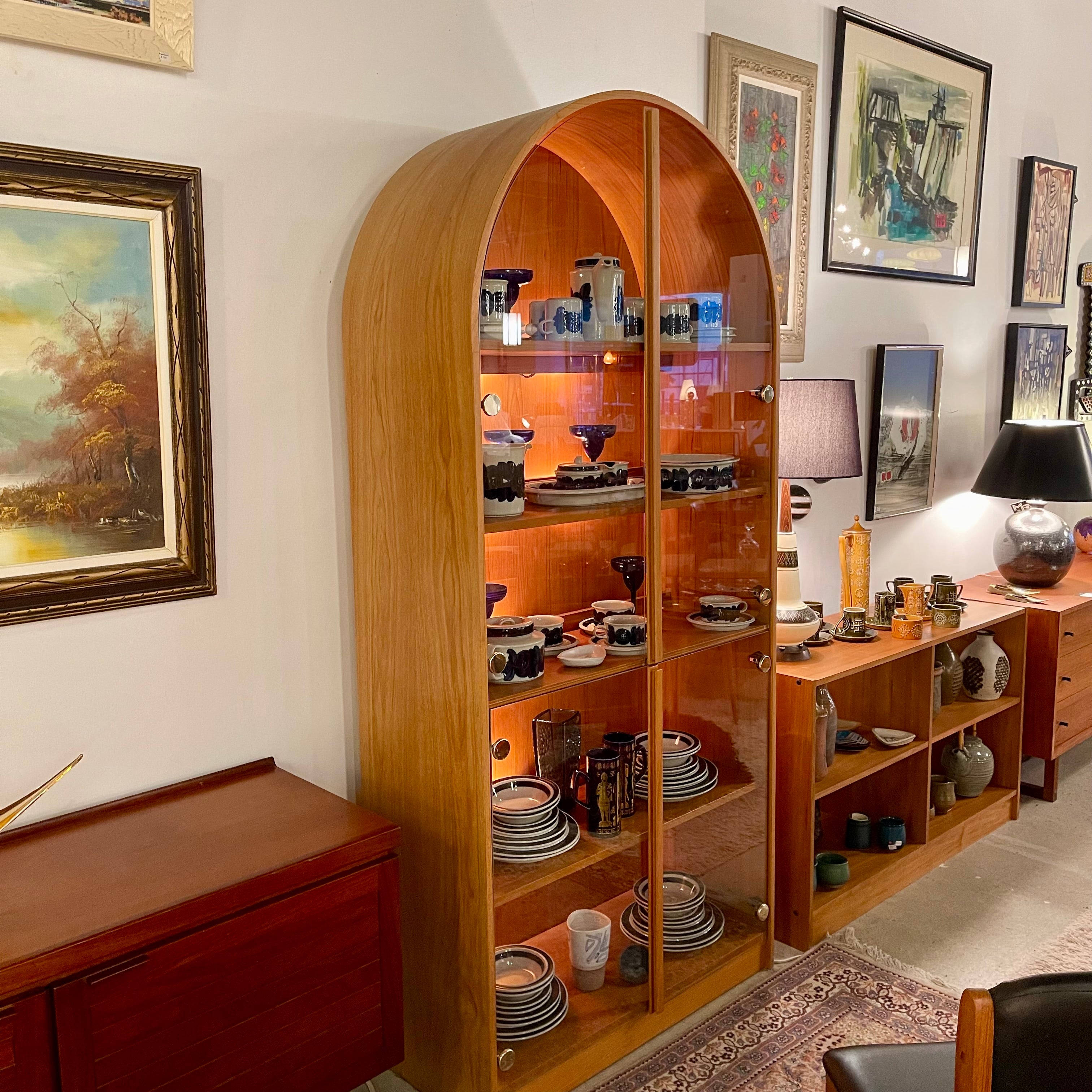 Teak Cathedral Arched Illuminated Cabinet